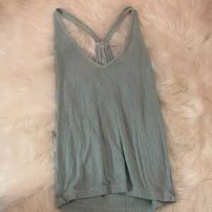 Ribbed V-Neck Strappy Tank Top - Light Teal